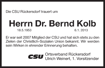 Traueranzeige von Bernd Kolb von Pegnitz-Zeitung